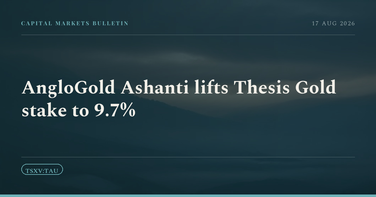 AngloGold Ashanti lifts Thesis Gold stake to 9.7%