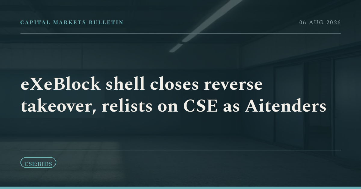 eXeBlock shell closes reverse takeover, relists on CSE as Aitenders