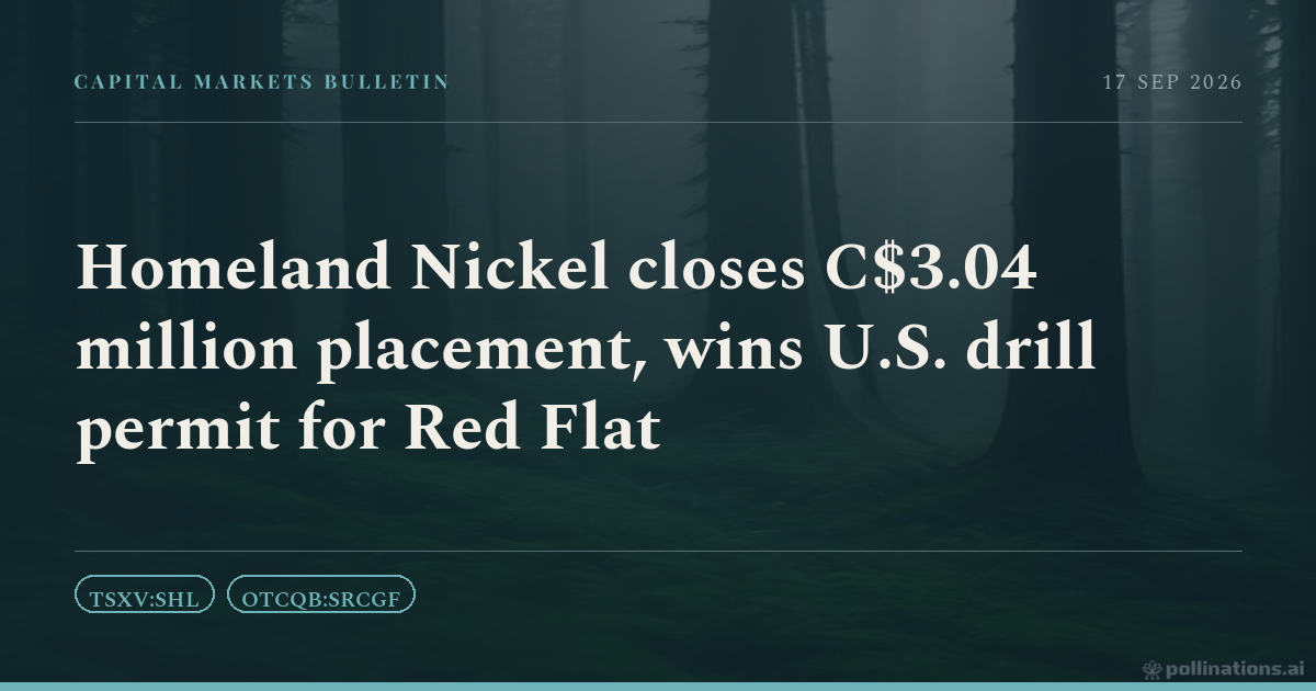 Homeland Nickel closes C$3.04 million placement, wins U.S. drill permit for Red Flat